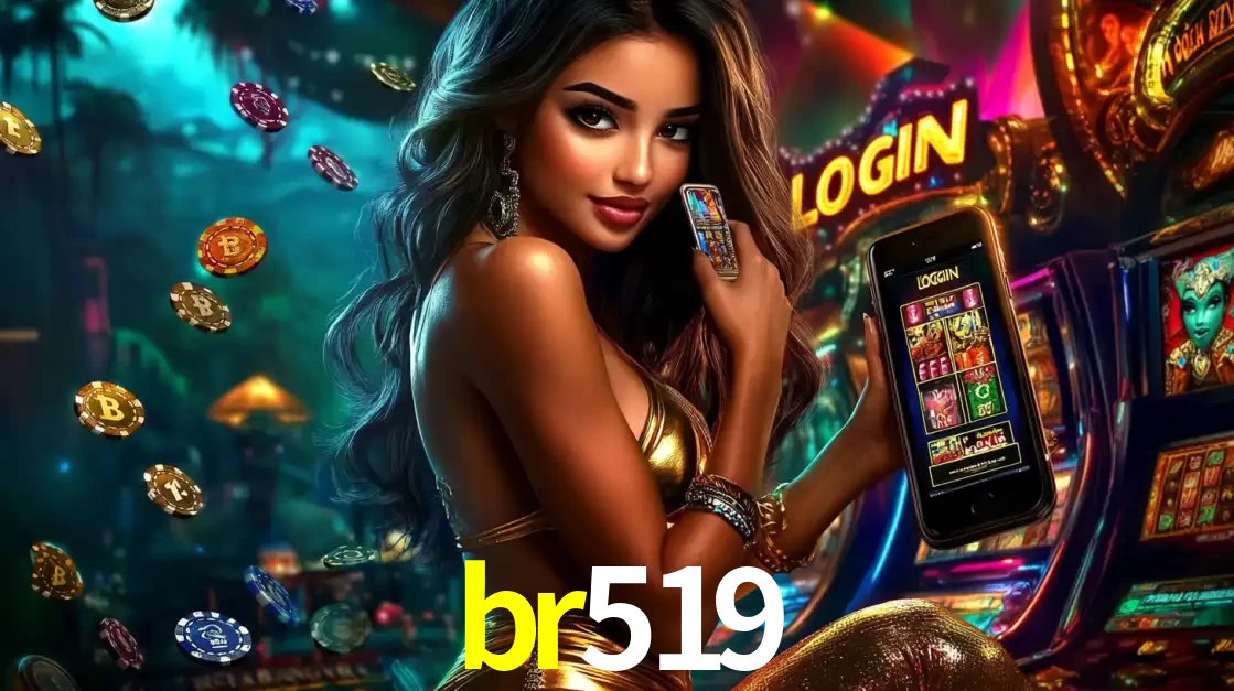 Mulher em um cenário de cassino temático de aventura, mostrando o app de caça-níqueis da br519 no celular. Fichas de apostas flutuam ao redor.